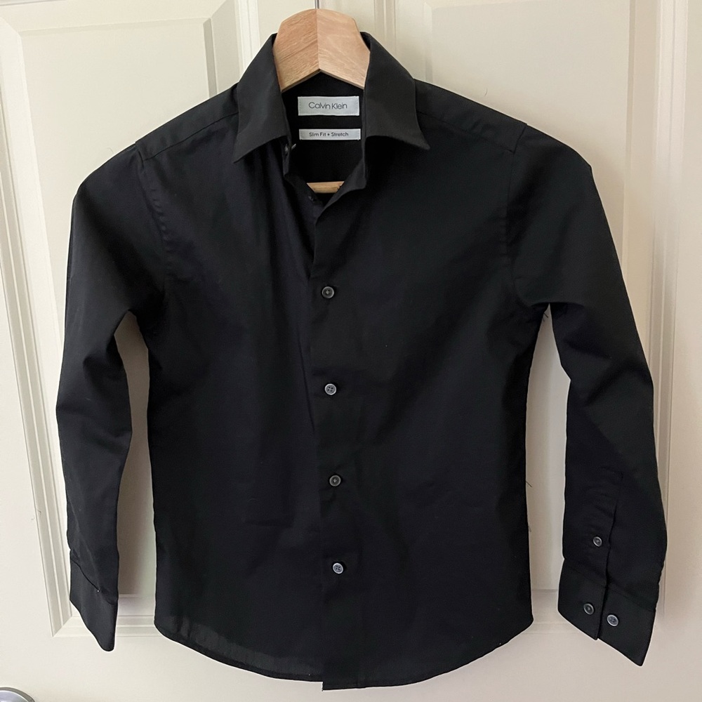 Boys CK Black Button down, size 8, slim fit and stretch, EUC.